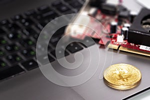 Bitcoin coin symbol on laptop, future concept financial currency, crypto currency sign