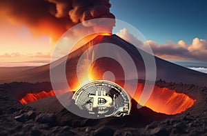 Bitcoin coin is on top of a volcano, volcanic eruption, cryptocurrency. Bitcoin cryptocurrency design. Photography of