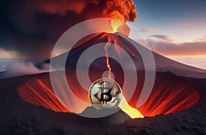 Bitcoin coin is on top of a volcano, volcanic eruption, cryptocurrency. Bitcoin cryptocurrency design. Photography of