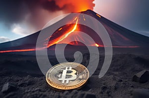 Bitcoin coin is on top of a volcano, volcanic eruption, cryptocurrency. Bitcoin cryptocurrency design. Photography of