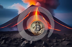 Bitcoin coin is on top of a volcano, volcanic eruption, cryptocurrency. Bitcoin cryptocurrency design. Photography of