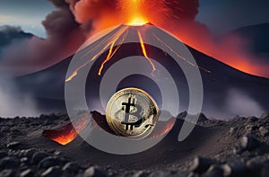 Bitcoin coin is on top of a volcano, volcanic eruption, cryptocurrency. Bitcoin cryptocurrency design. Photography of