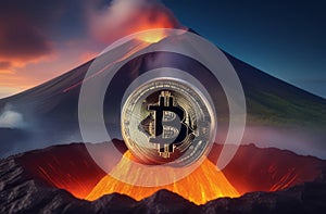 Bitcoin coin is on top of a volcano, volcanic eruption, cryptocurrency. Bitcoin cryptocurrency design. Photography of