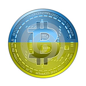 Bitcoin coin in Ukrainian flag colors, isolated on white background