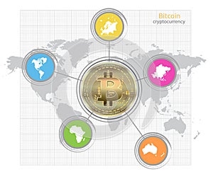 Bitcoin coin, World and continents map, infographics isolated on white background