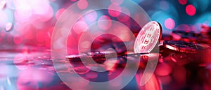 Bitcoin Coins with Abstract Colorful Bokeh. Generative ai.