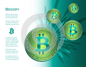 Bitcoin coins and firework on white and green background, infographics card