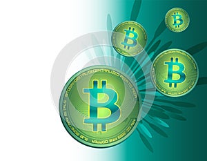 Bitcoin coins and firework on white and green background, infographics card, blank