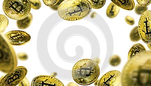 Bitcoin coins in the form of a frame on a white background