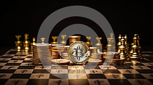 Bitcoin coins located on a chess board. - Planning and investment concept. - Generative ai