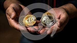 Bitcoin coins in male hands. Money accumulation concept.