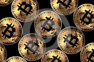 bitcoin coins, virtual currency of blockchain decentralized network technology, illustration