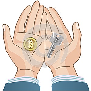 Bitcoin concept - coin and Security Key in hands