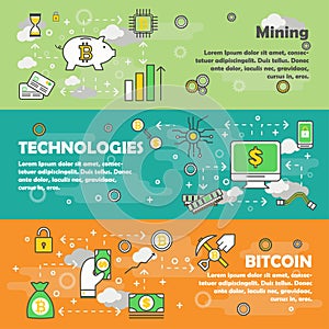 Bitcoin concept vector modern thin line flat design banner set