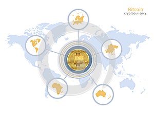 Bitcoin and continents map, infographics isolated on white background