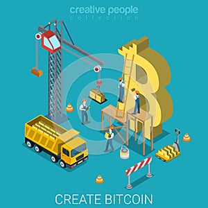 Bitcoin creation process currency coin flat isometric vector 3d