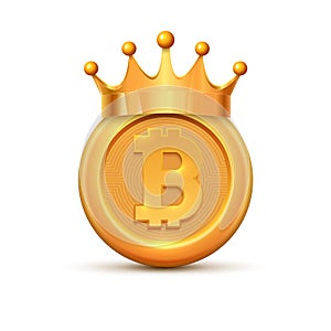 Bitcoin crown king logo. Gold bitcoin coin cartoon crypto currency