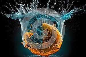 Bitcoin crypto blue and yellow liquid splash. Generative AI