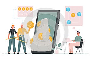 Bitcoin, crypto coin wallet, cryptocurrency mining technology concept. Bitcoins and altcoins farming tech vector illustration.