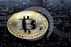 Bitcoin crypto currency digital money concept, shiny golden phys