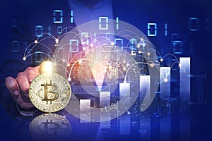 Bitcoin. Crypto currency Gold Bitcoin, BTC, Bit Coin. golden bitcoin and dark blue background