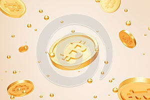 Bitcoin crypto currency gold coins, e-commerce investment concept, 3d render on beige background