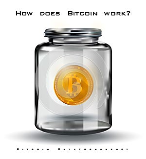 Bitcoin Crypto-currency, golden bitcoin in a glass jar, digital currency How does Bitcoin work, realistic illustration