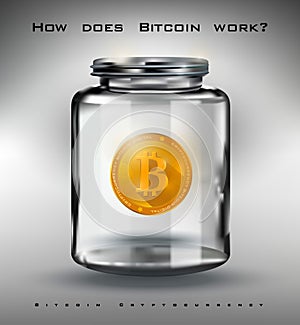 Bitcoin Crypto-currency, golden bitcoin in a glass jar, digital currency How does Bitcoin work, realistic illustration