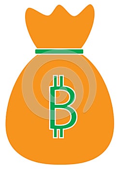 Bitcoin crypto currency icon or logo over a money bag. photo