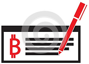 Bitcoin crypto currency icon or logo on a pay check or cheque with a pen writing.
