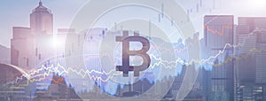 Bitcoin. Crypto currency market on modern city background
