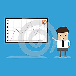 Bitcoin cryptocurrency analysis on whiteboard vector. Presenter talking about infographic and pie diagram on board. Monero and bit