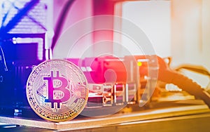 Bitcoin Cryptocurrency background concept - Golden bitcoin with