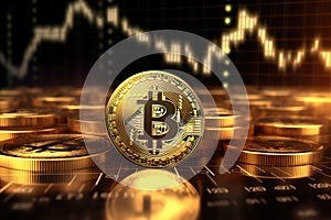 Bitcoin cryptocurrency on the background of the financial chart. 3D illustration, Digital currency physical gold bitcoin coin on