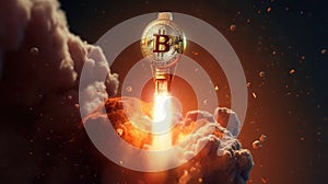 Bitcoin, a cryptocurrency, blasts off on a rocket into space