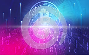 Bitcoin cryptocurrency blockchain abstract background concept, Digital technology banner pink blue background binary code vector