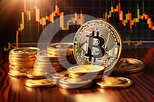 Bitcoin cryptocurrency with candle stick graph chart background. Cryptocurrency concept, bitcoin with price chart, AI Generated