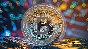 Bitcoin cryptocurrency coin close-up, creative design on electronic background