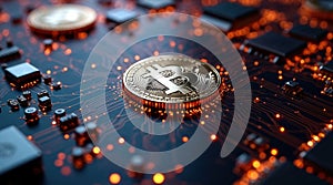 Bitcoin cryptocurrency coin on a computer circuit board with glowing lights