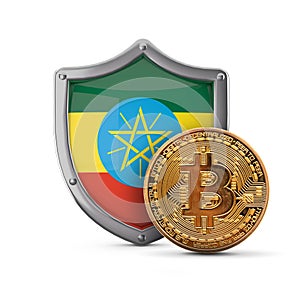 Bitcoin cryptocurrency coin in front of a Ethiopia flag shield. 3D Render