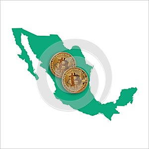 Bitcoin cryptocurrency coin on a map of Mexico