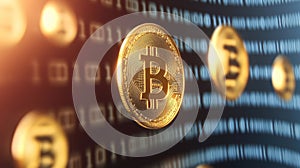 Bitcoin Cryptocurrency Coins Floating on Digital Binary Code Background