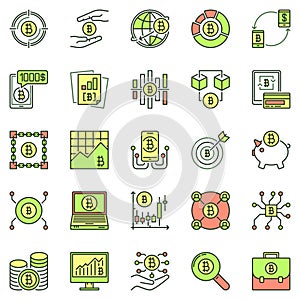 Bitcoin and Cryptocurrency colored icons set. Crypto Technology vector concept signs