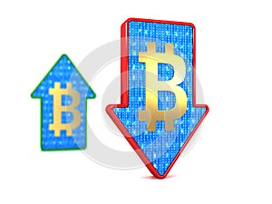 Bitcoin cryptocurrency concept cheapening. Blurred background. photo