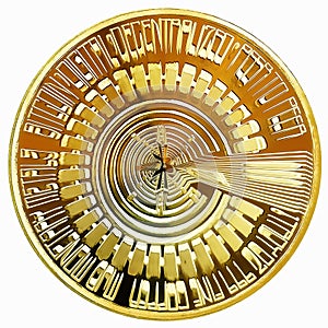 Bitcoin cryptocurrency concept, graphic collage, shrinking and disappearing in the distance.