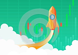 Bitcoin cryptocurrency concept. Hot temperature rocket with bitcoin symbol flying up. Green crypto market rising. New