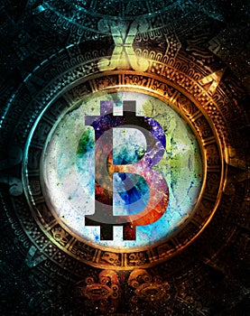 Bitcoin cryptocurrency concept and maya calendar, graphic collage in cosmic space.