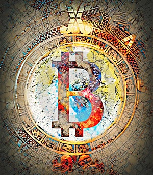 Bitcoin cryptocurrency concept and maya calendar, graphic collage in cosmic space