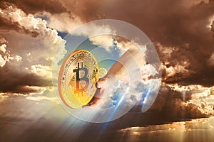 bitcoin cryptocurrency digital money heavenly heaven hand god almighty cash gold internet online