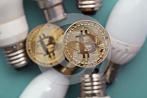 Bitcoin cryptocurrency eco sustainability concept. coin with light bulb